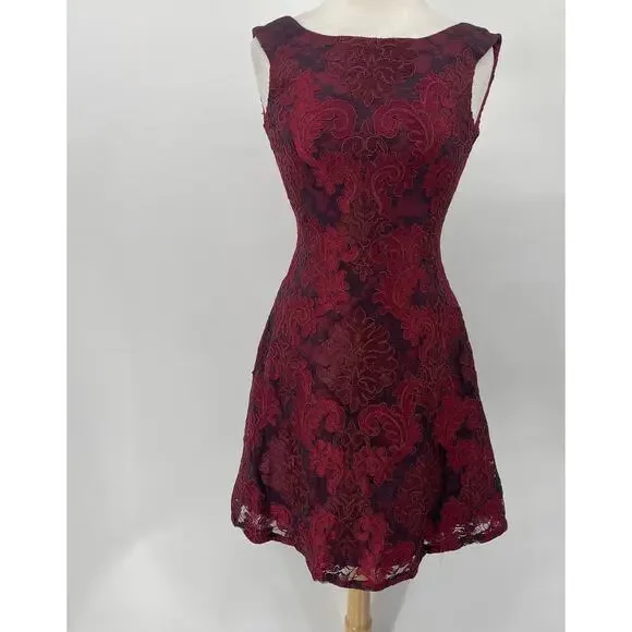 Aidan Mattox Cocktail Dress Fit & Flare Embroidered Lace Squareneck Red Womens 0 - Picture 2 of 7